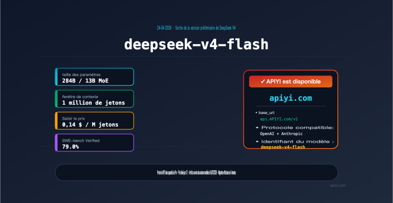 DeepSeek-V4-Flash disponible sur APIYI : 0,14 $ / 1M d&rsquo;entrées · 1M de fenêtre de contexte · Guide de migration en 5 minutes