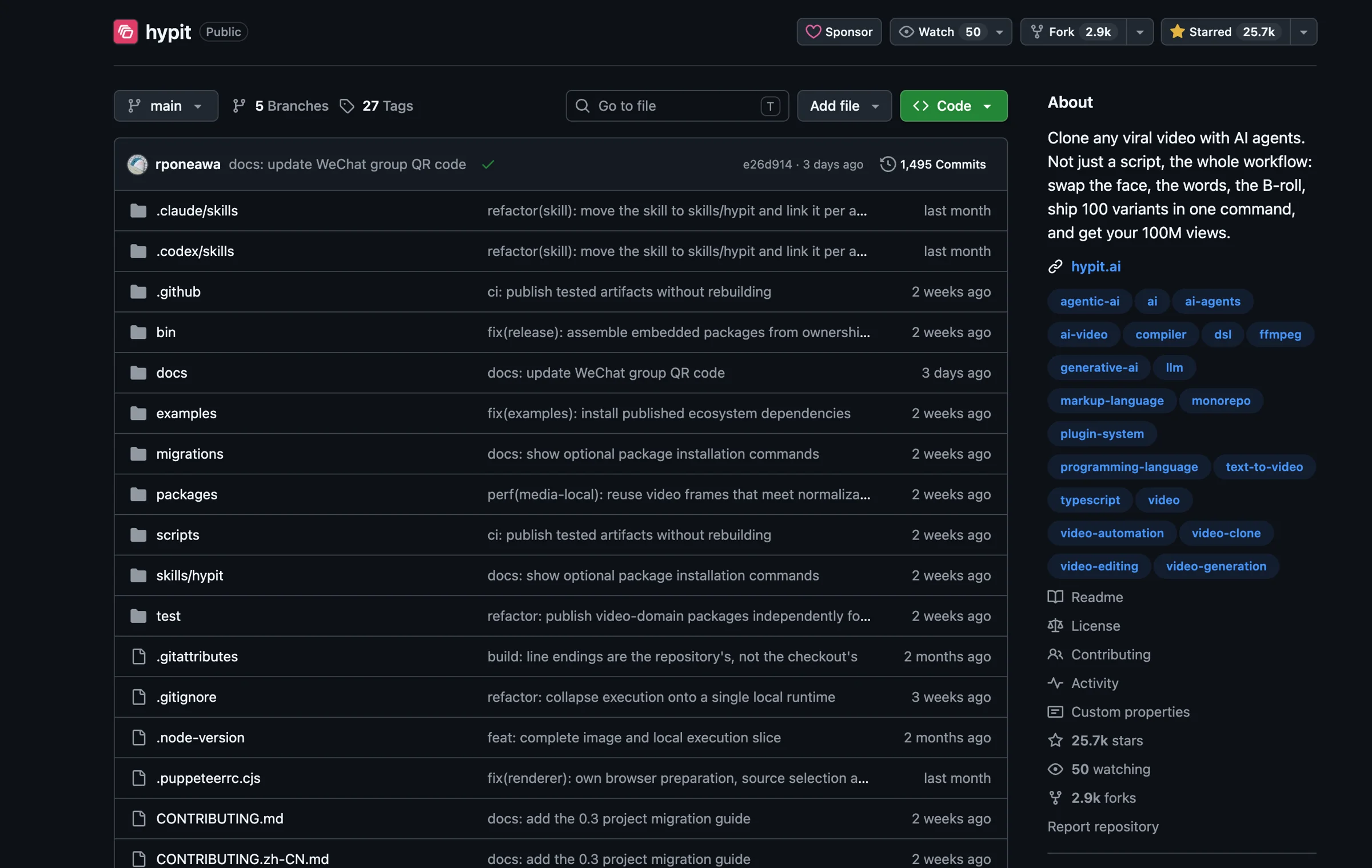 Hypit GitHub 저장소 메인 페이지: 25.7k 스타, 2.9k 포크, skills, examples, packages 등의 디렉터리 구성