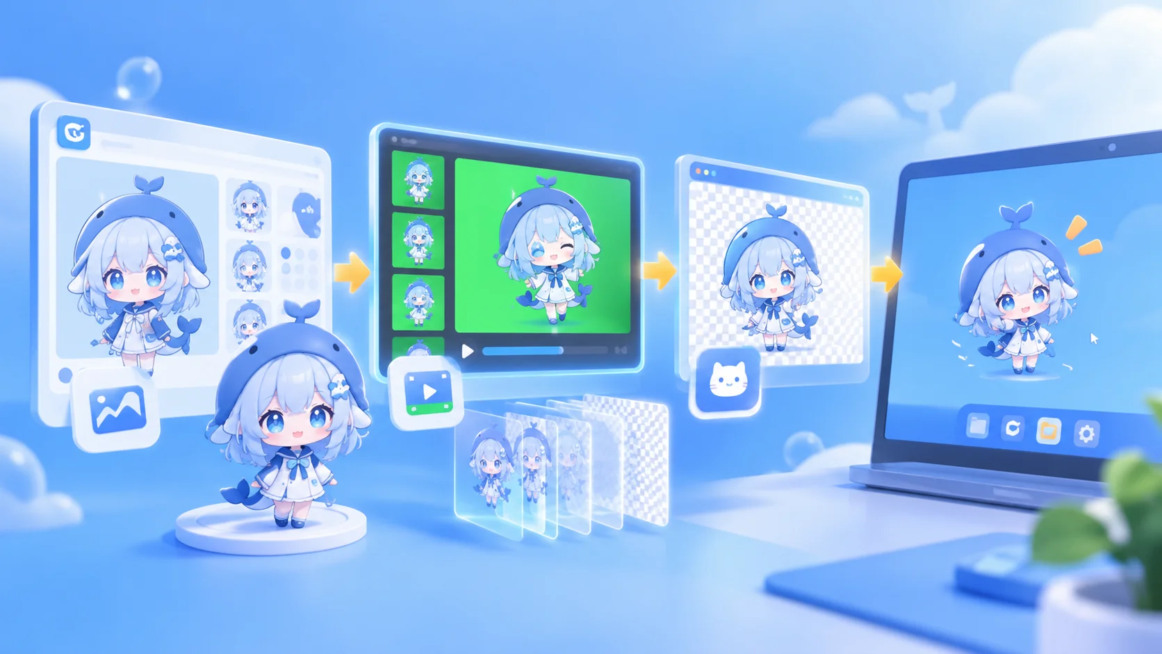 Maskot desktop AI viral di mana-mana: Nano Banana menetapkan karakter, Seedance membuat gerakan berlatar hijau, 3 langkah menghapus latar menjadi maskot desktop animasi berlatar transparan